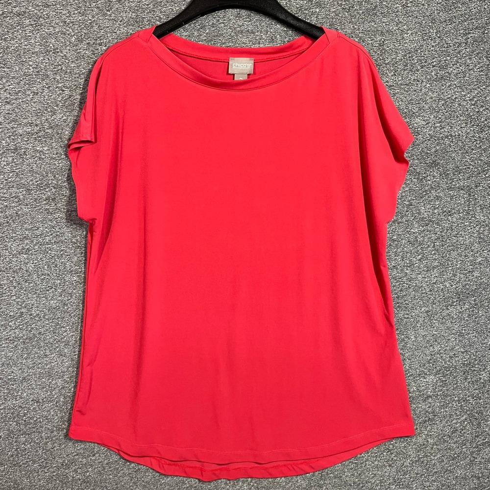 Chicos Top Women Size 2 Large Pink Coral Scoop Neck Short Sleeve Stretch Knit